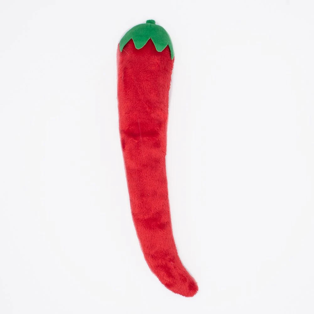 Zippy Paws Jigglerz plush chilli pepper dog toy, plain reverse side, on white