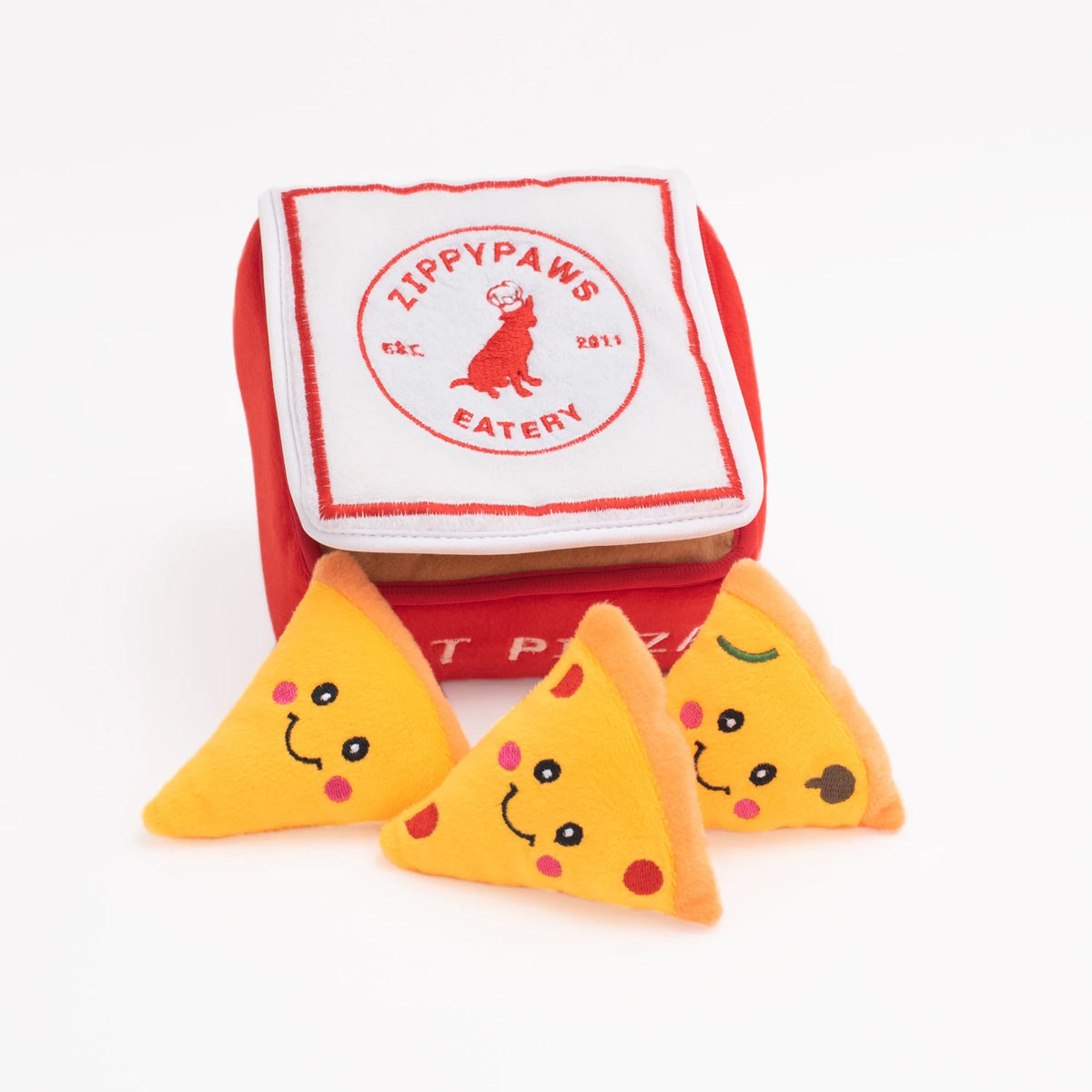 Zippy Paws Burrow pizza box dog toy closed, with squeaky pizza slices around it