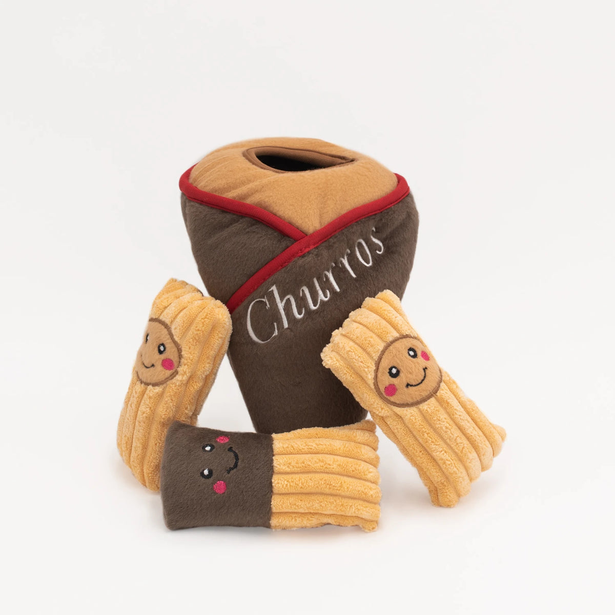 Zippy Paws Burrow churros plush dog toy with the churro squeakers arranged around it