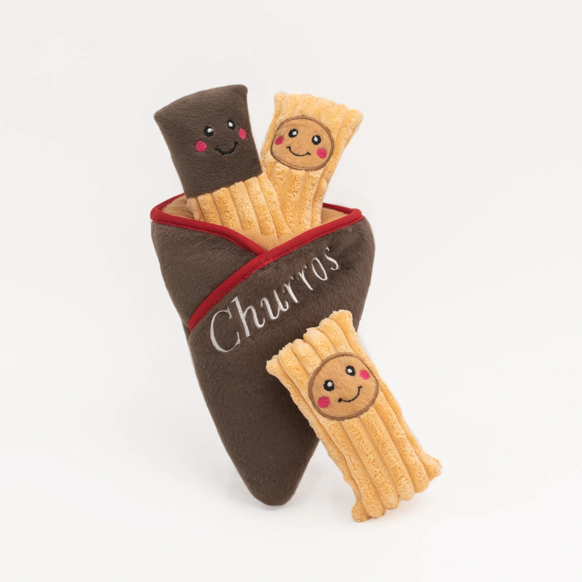 Zippy Paws Burrow plush dog toy: a churros sleeve holding three squeaky churro sticks