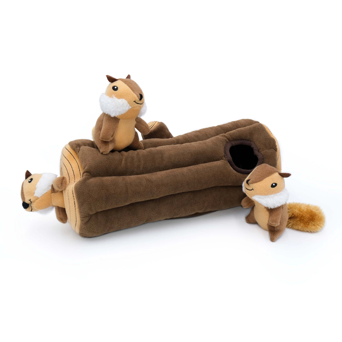 Zippy Paws Burrow chipmunk log dog toy lying down with its squeaky chipmunks