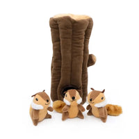 Zippy Paws Burrow plush dog toy: a hollow log with three squeaky chipmunks