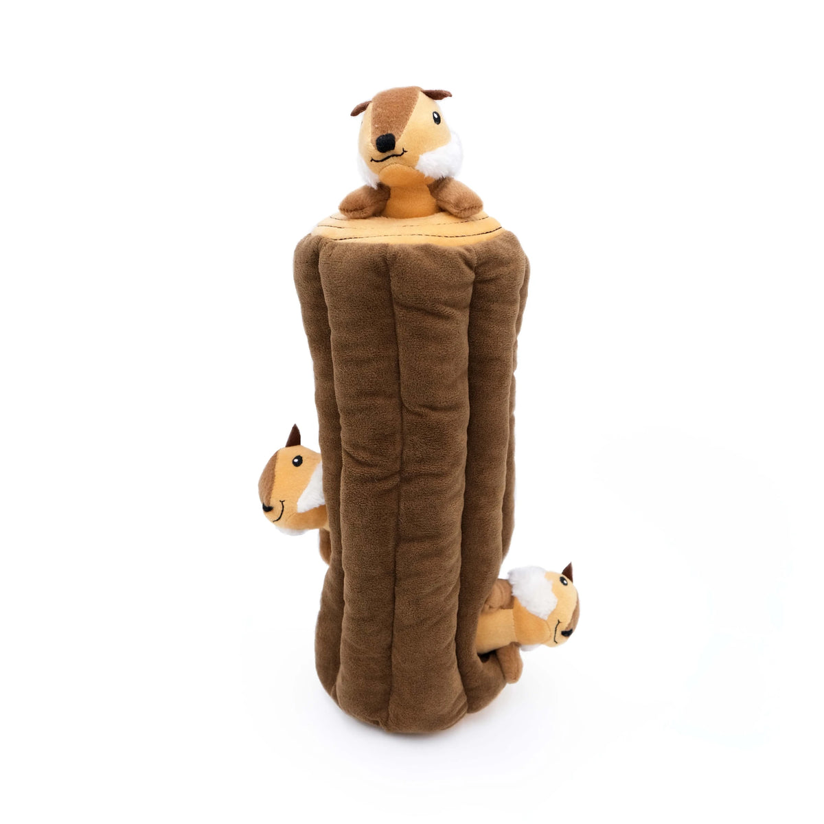Zippy Paws Burrow chipmunk log dog toy with a squeaky chipmunk poking out of the hole