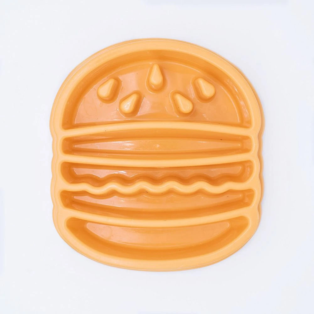Zippy Paws Happy Bowl slow feeder for dogs shaped like a hamburger, seen from above
