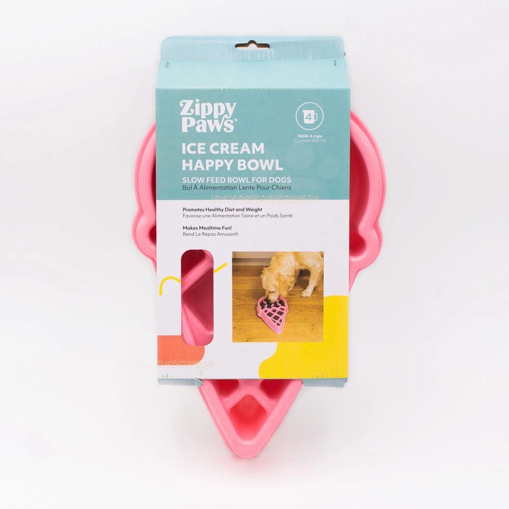 Zippy Paws Ice Cream Happy Bowl slow feeder for dogs in its retail packaging