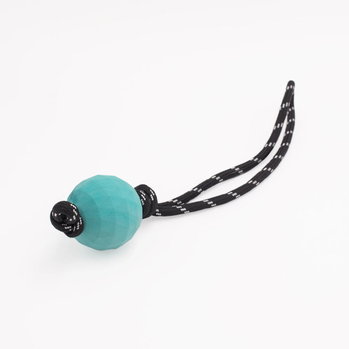 Zippy Paws RopeTugz teal ball rope dog toy seen at an angle, on a white background