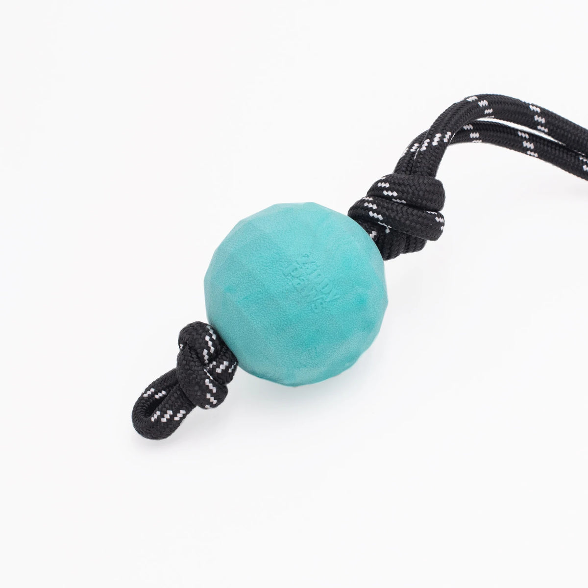 Close-up of the teal ball and rope knot on a Zippy Paws RopeTugz Waggle Ball dog toy