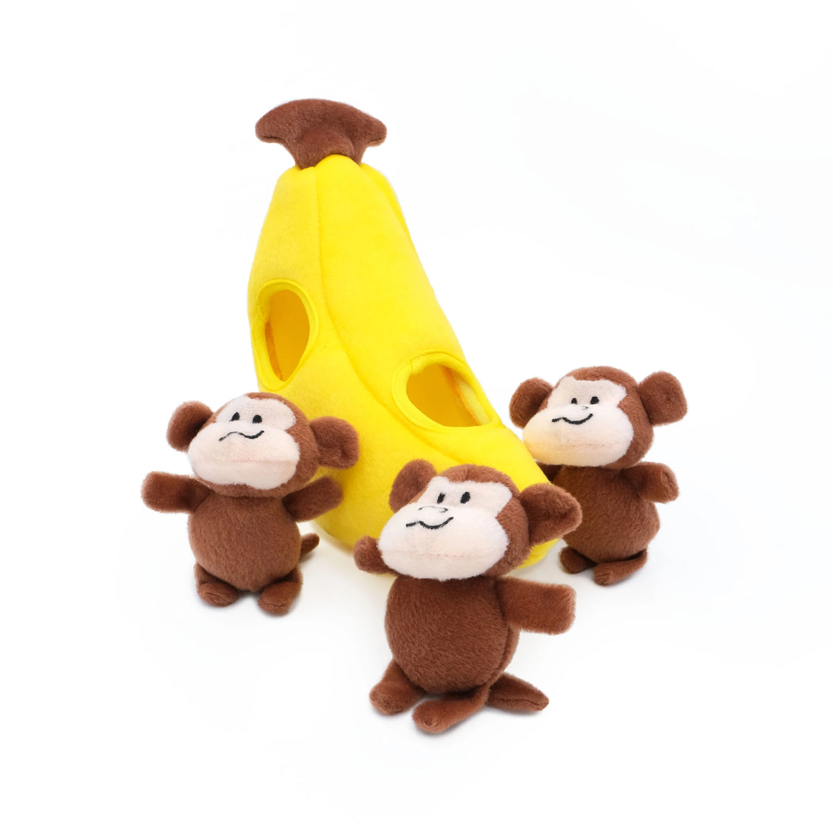 Zippy Paws Burrow banana dog toy with squeaky monkeys popping out of the opening