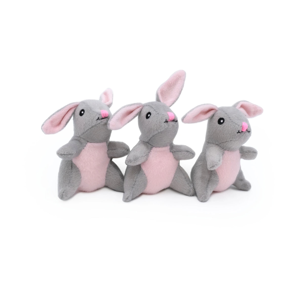 The three plush bunny squeakers from the Zippy Paws Burrow bunny and carrot dog toy
