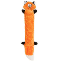 Zippy Paws Jigglerz plush fox dog toy with a long orange body and white tail tip, on white