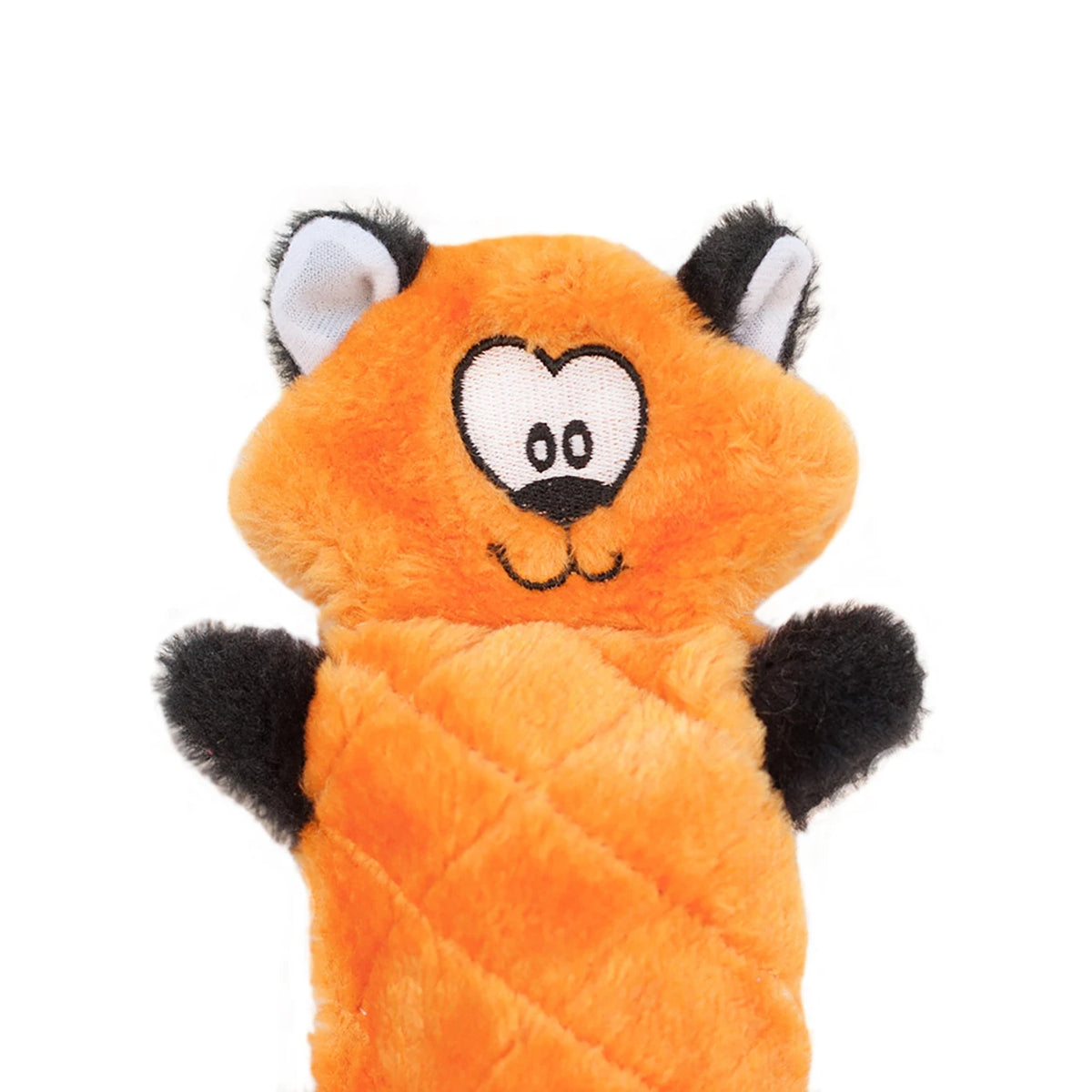 Close-up of the head and paws of a Zippy Paws Jigglerz plush fox dog toy