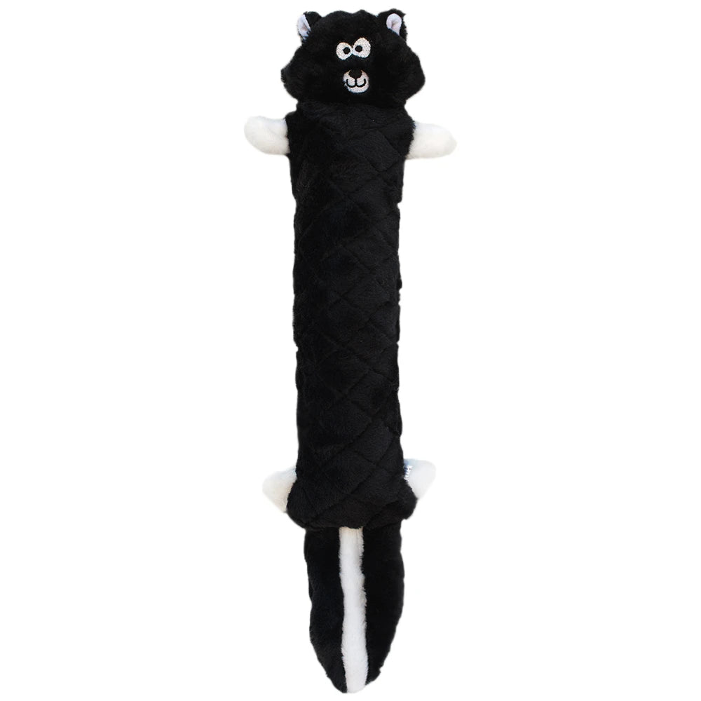 Zippy Paws Jigglerz plush skunk dog toy with a long black body and white stripe, on white