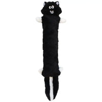 Zippy Paws Jigglerz plush skunk dog toy with a long black body and white stripe, on white