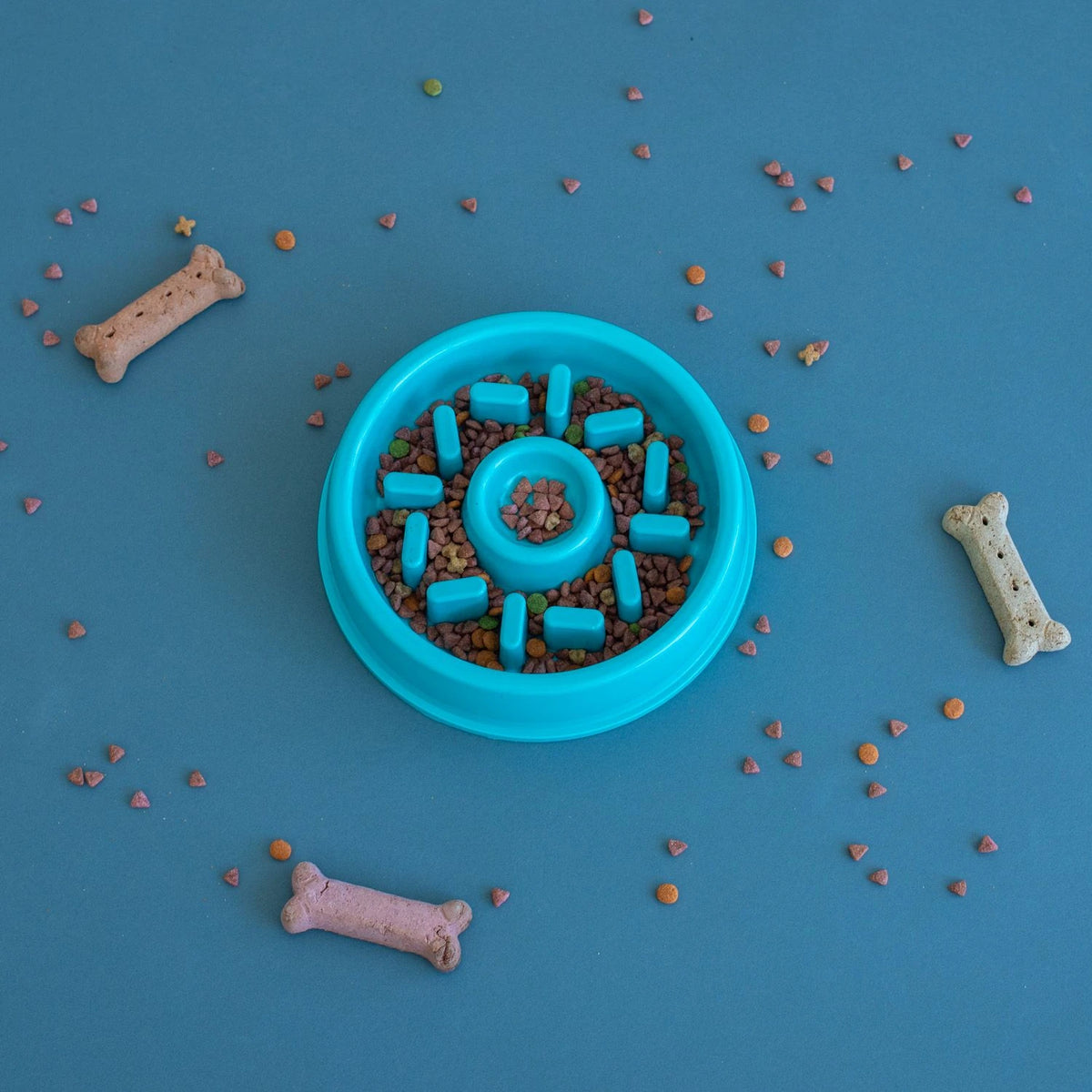 Zippy Paws donut-shaped slow feeder bowl filled with kibble on a blue backdrop