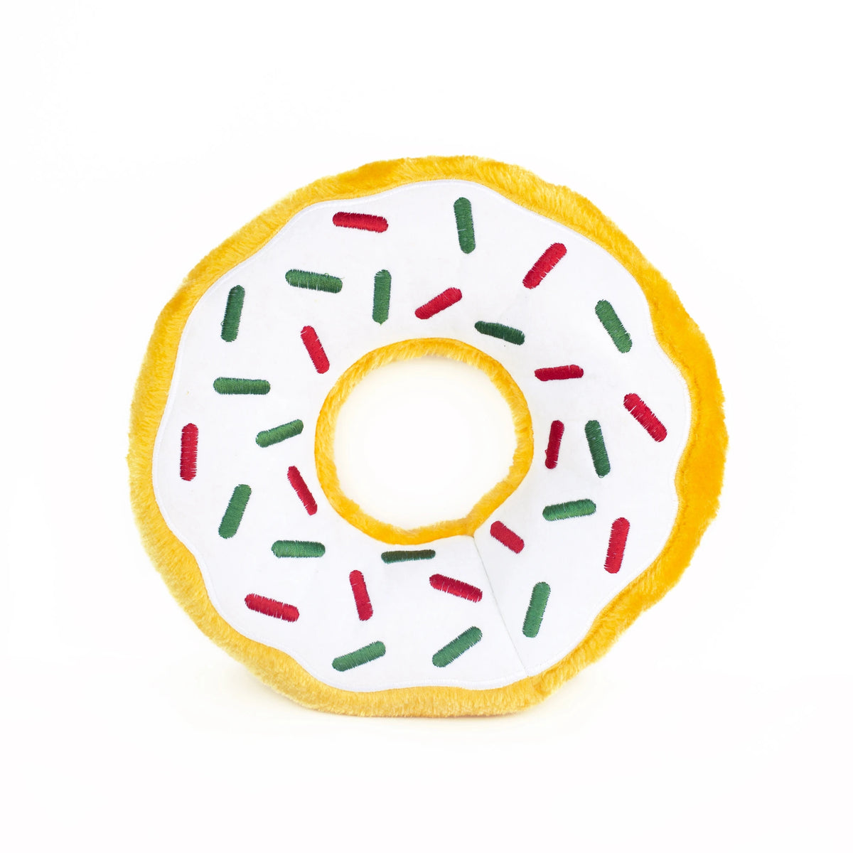 Zippy Paws Donutz Jumbo plush dog toy with white peppermint icing and red and green sprinkles