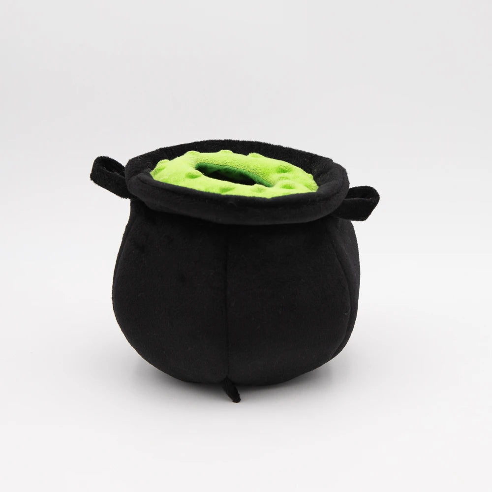 The plush cauldron from the Zippy Paws Burrow witch's brew dog toy, shown empty