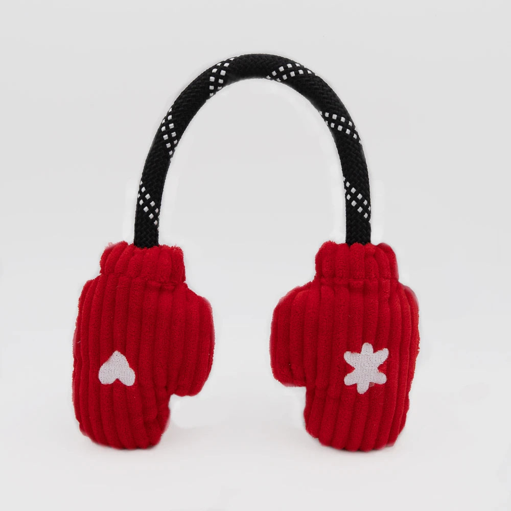 Zippy Paws RopeTugz dog toy: two red plush mittens joined by a rope