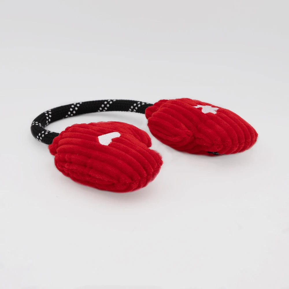 Zippy Paws RopeTugz red mittens rope dog toy laid flat, on a white background