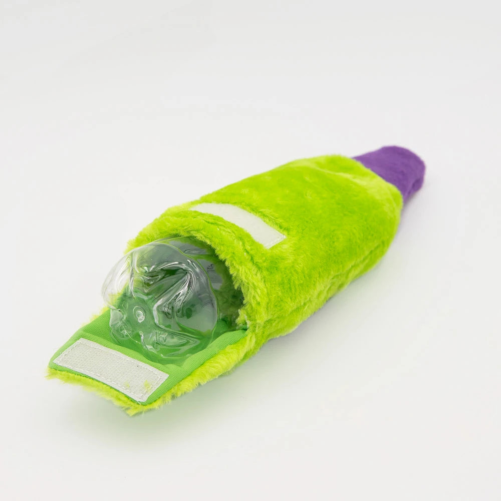 Zippy Paws Happy Hour Crusherz plush dog toy opened to show the crinkle bottle inside