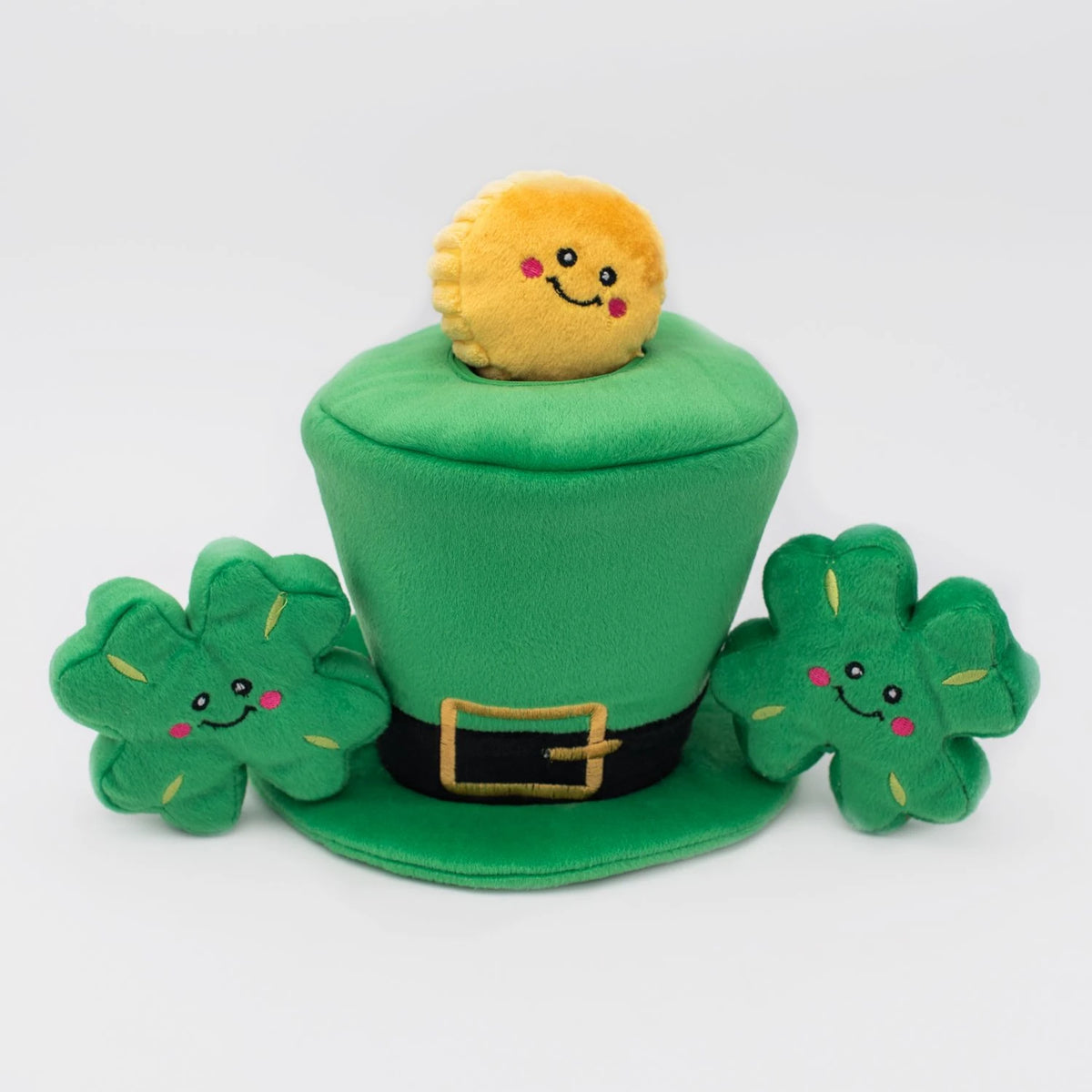 Zippy Paws Burrow leprechaun hat dog toy with its squeaky shamrocks arranged around it