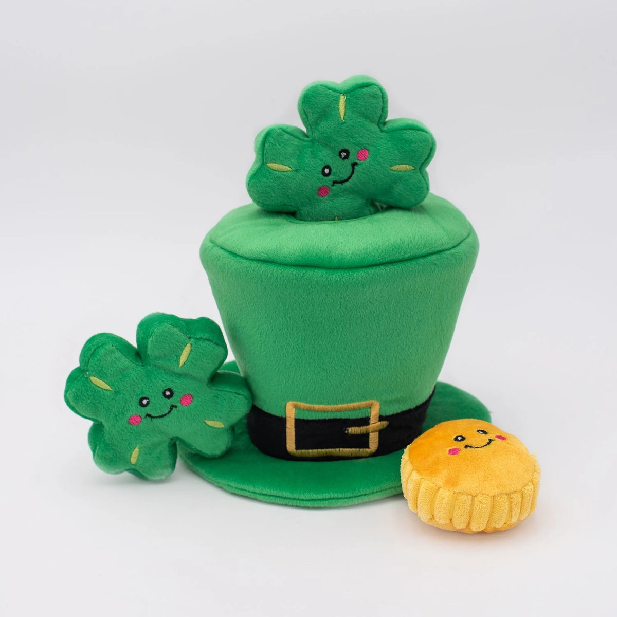 Zippy Paws Burrow plush dog toy: a leprechaun hat with squeaky shamrocks and a gold coin
