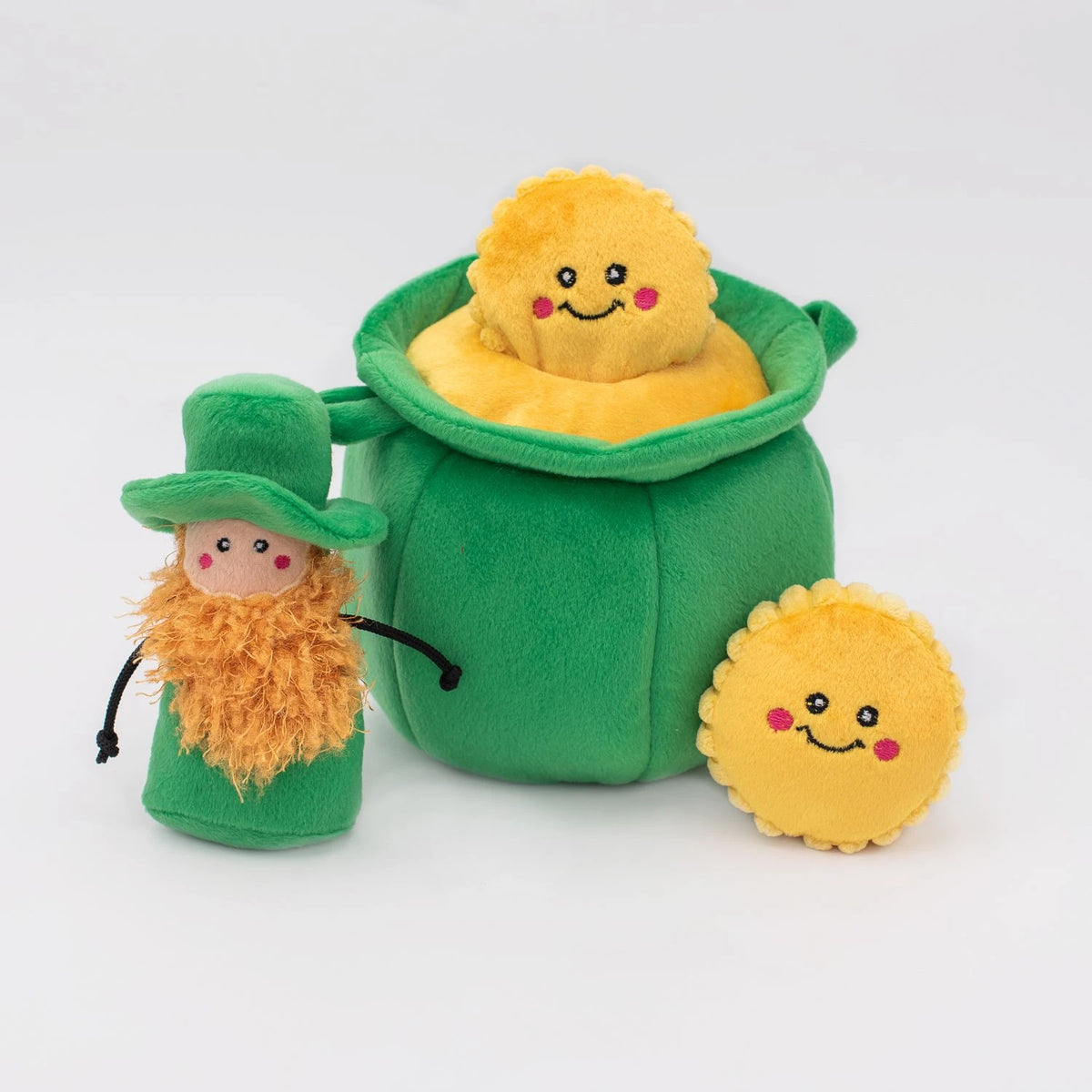 Zippy Paws Burrow pot of gold dog toy with its squeaky leprechaun and gold coins