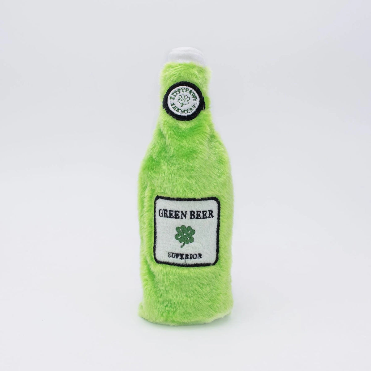 Zippy Paws Happy Hour Crusherz plush dog toy: a Green Beer bottle, on a white background