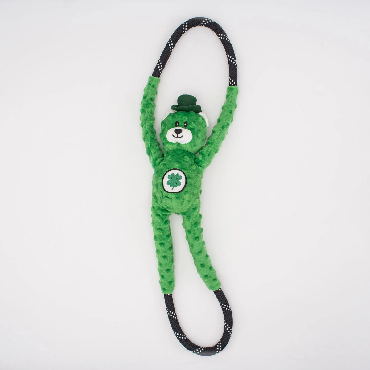 Zippy Paws RopeTugz dog toy: a green plush bear in a leprechaun hat on a rope loop