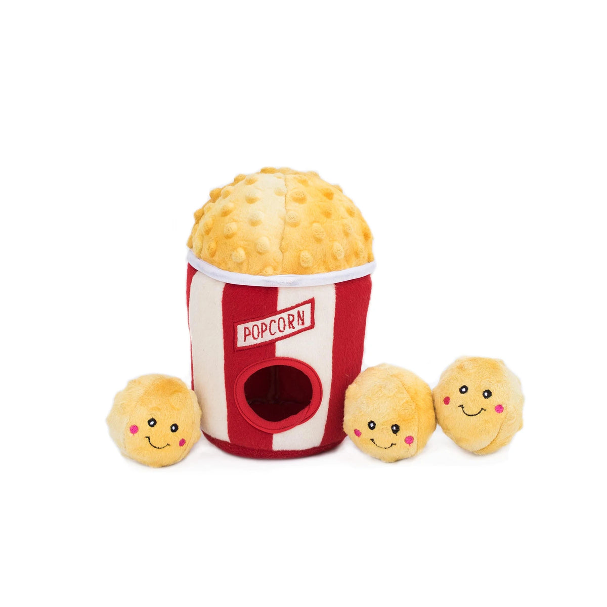 Zippy Paws Burrow plush dog toy: a striped popcorn bucket with squeaky popcorn pieces