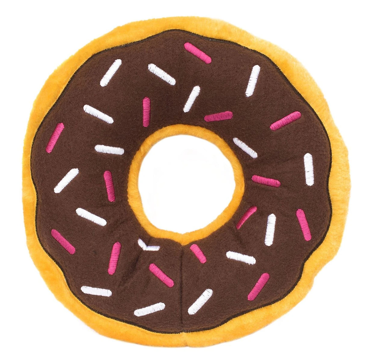 Zippy Paws Donutz Jumbo plush dog toy with chocolate icing and sprinkles, on white