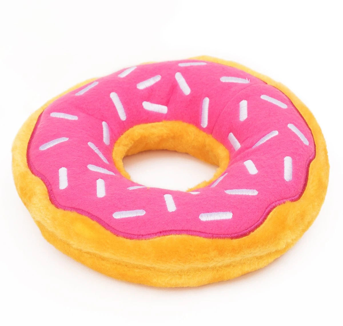 Zippy Paws Donutz Jumbo plush dog toy with strawberry icing, angled view showing its depth