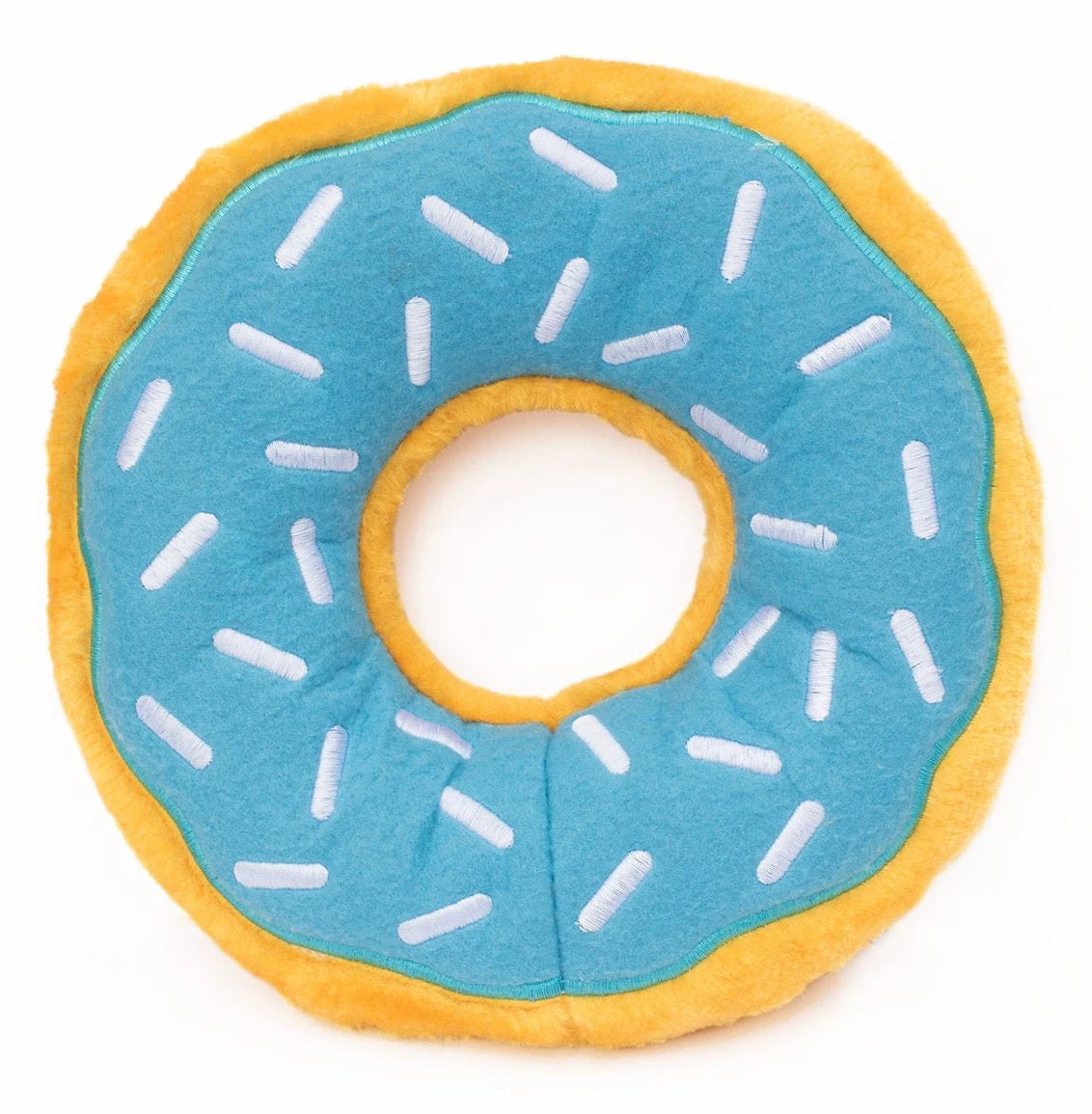 Zippy Paws Donutz Jumbo plush dog toy with blueberry icing and white sprinkles, on white