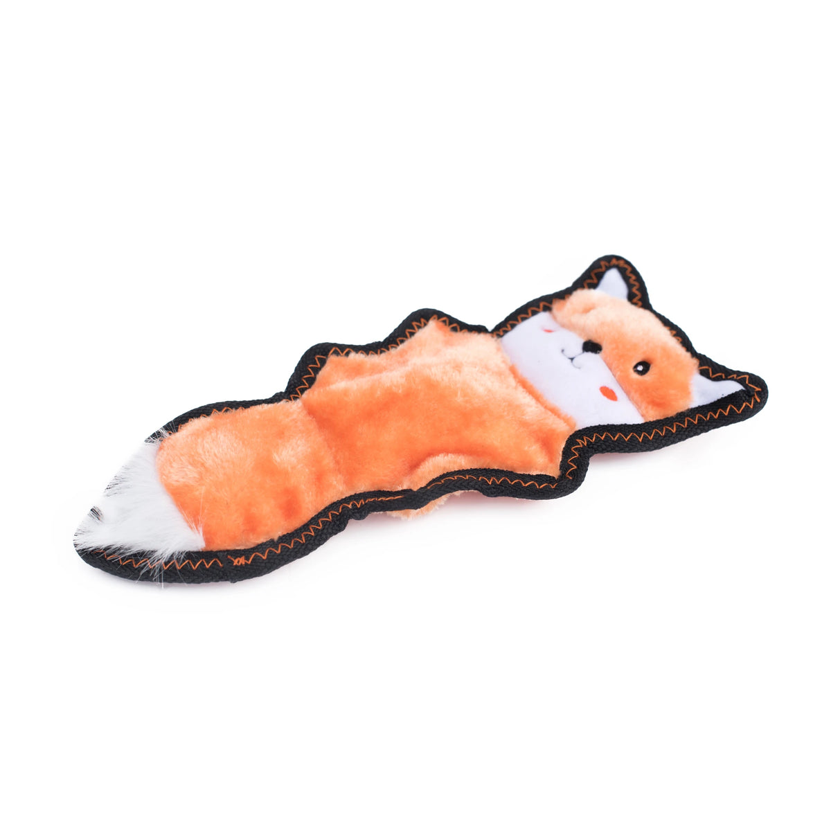 Zippy Paws Skinny Peltz plush fox dog toy laid at an angle, on a white background