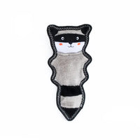 Zippy Paws Skinny Peltz stuffing-free plush raccoon dog toy, on a white background