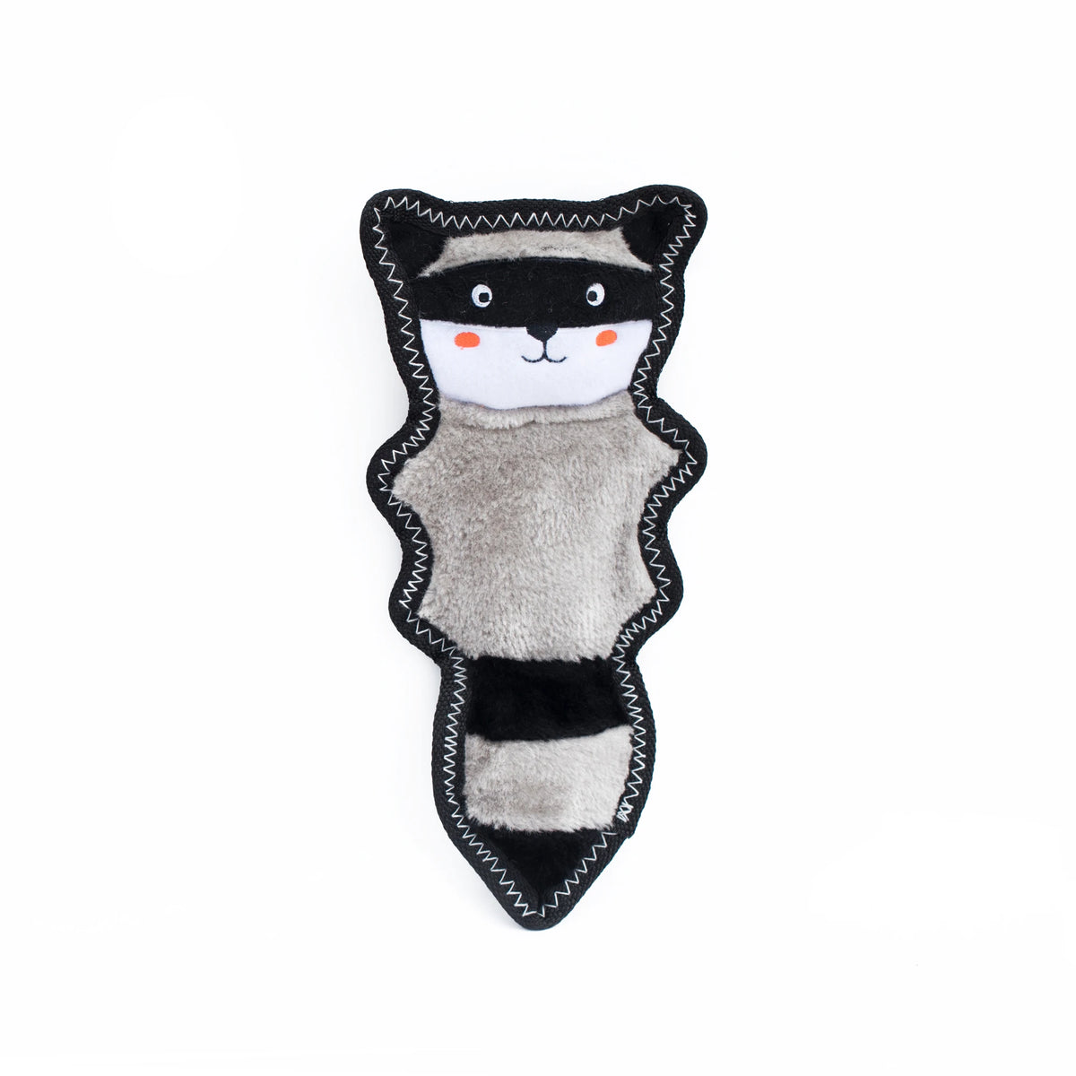 Zippy Paws Skinny Peltz stuffing-free plush raccoon dog toy, on a white background