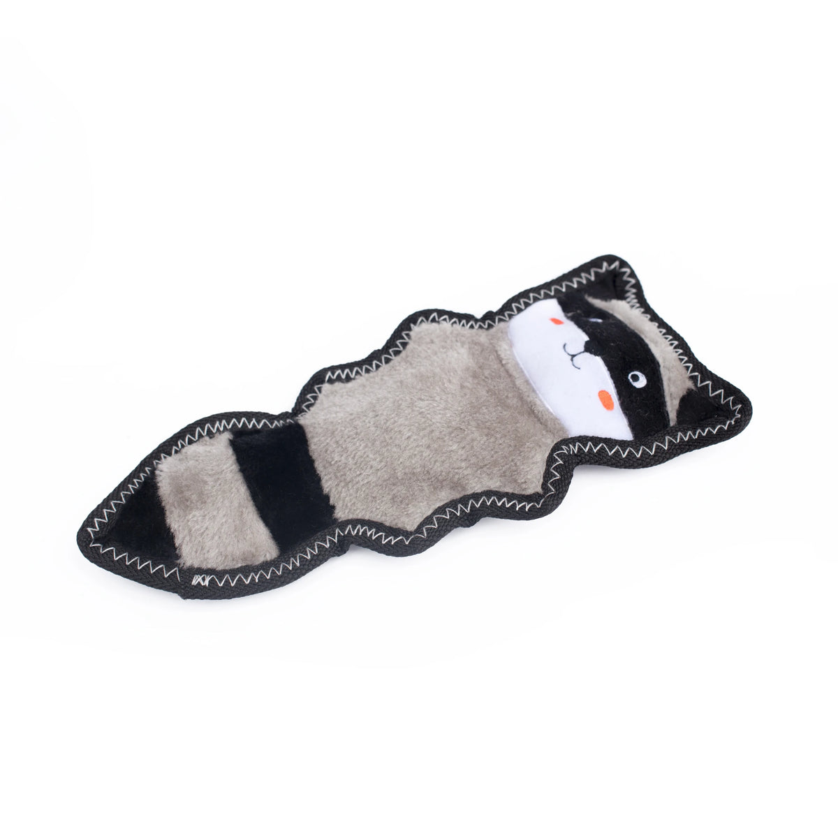 Zippy Paws Skinny Peltz plush raccoon dog toy laid at an angle, on a white background
