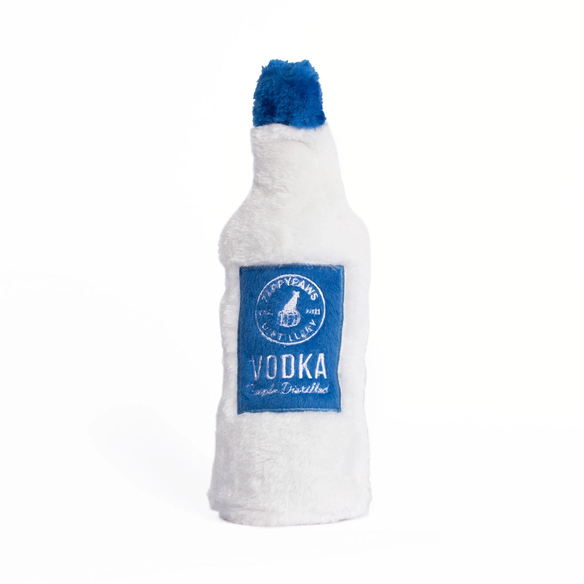 Zippy Paws Happy Hour Crusherz plush dog toy shaped as a vodka bottle, on a white background