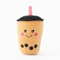 Zippy Paws NomNomz plush dog toy shaped as a boba milk tea cup with a pink straw