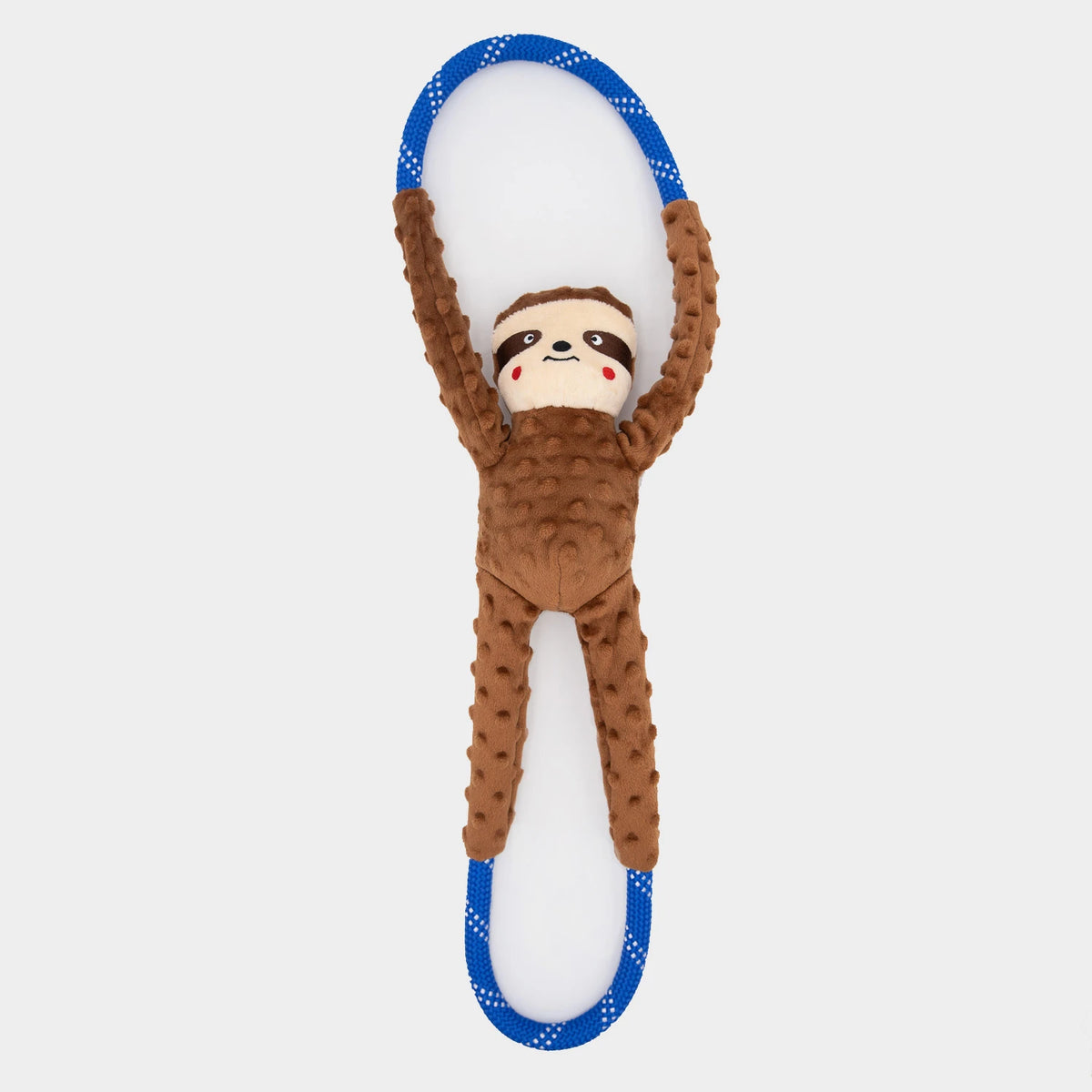 Zippy Paws RopeTugz dog toy: a brown plush sloth on a blue rope loop