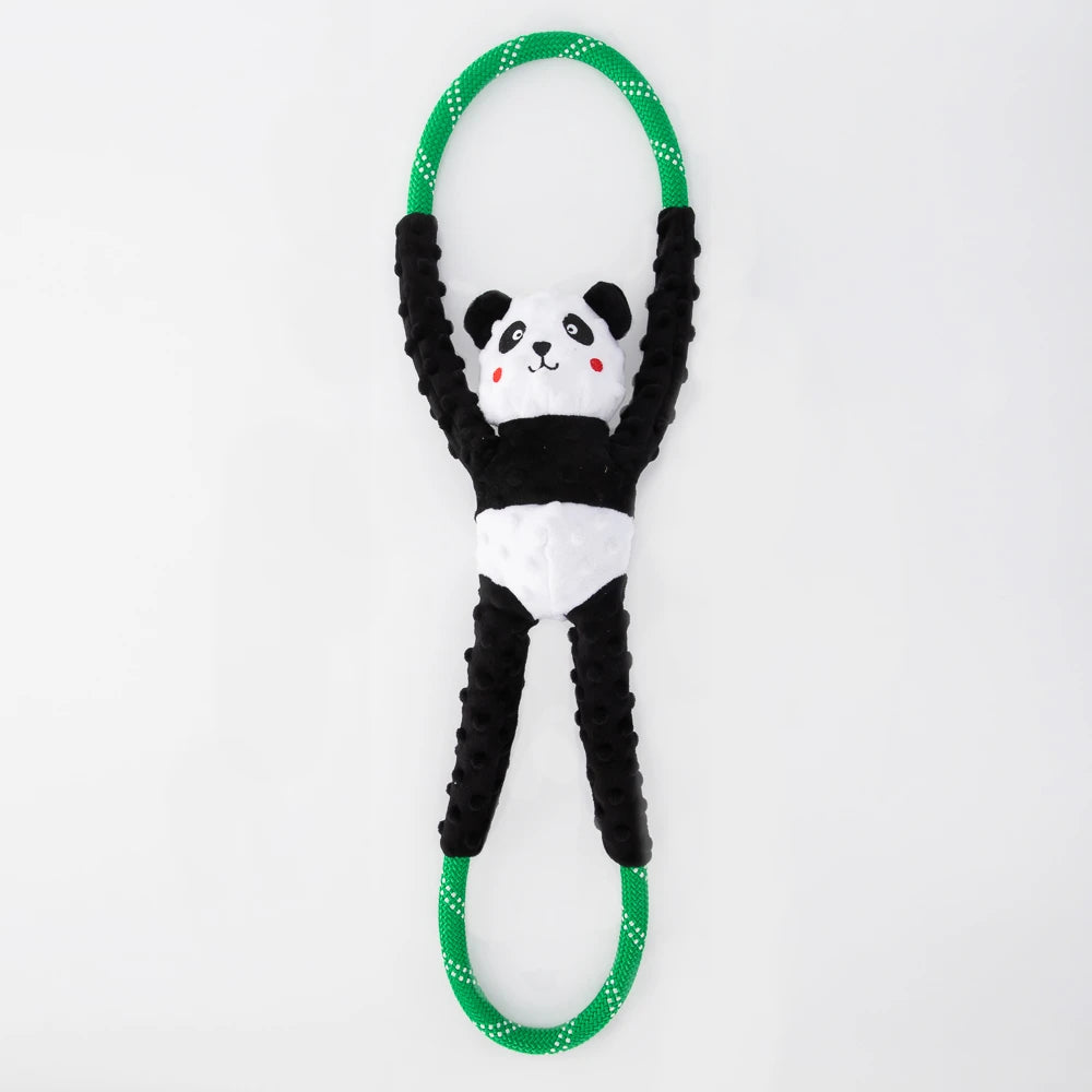 Zippy Paws RopeTugz dog toy: a black and white plush panda on a green rope loop