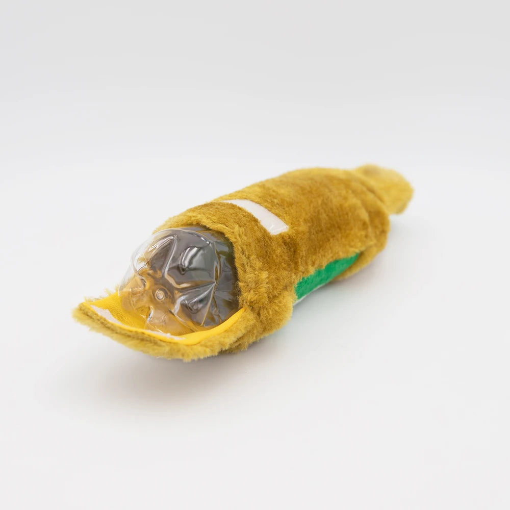 Amber Zippy Paws Happy Hour Crusherz plush dog toy opened to show the crinkle bottle inside