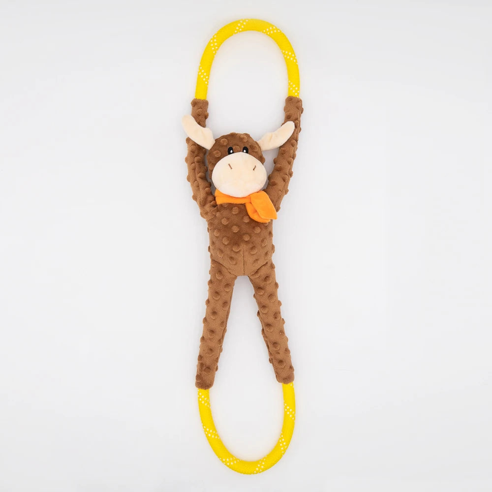 Zippy Paws RopeTugz dog toy: a brown plush moose on a yellow rope loop