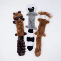 Three Zippy Paws Skinny Peltz stuffing-free plush dog toys: monkey, lemur and chipmunk