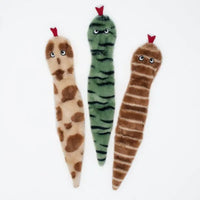 Three Zippy Paws Skinny Peltz stuffing-free plush snake dog toys in desert colours