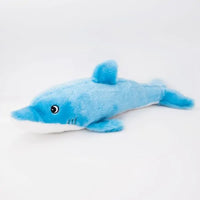 Zippy Paws Jigglerz plush blue dolphin dog toy shown side-on against a white background