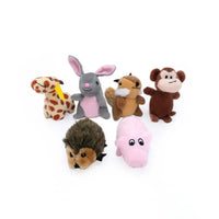 Six small Zippy Paws Miniz plush dog toys: giraffe, bunny, chipmunk, monkey, hedgehog, pig