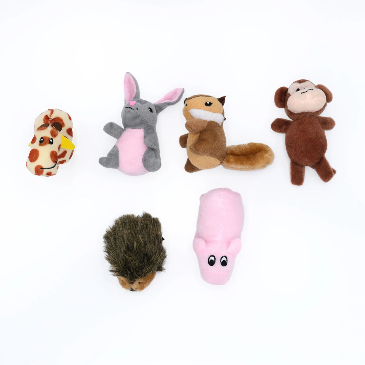Six Zippy Paws Miniz plush animal dog toys arranged on a white background