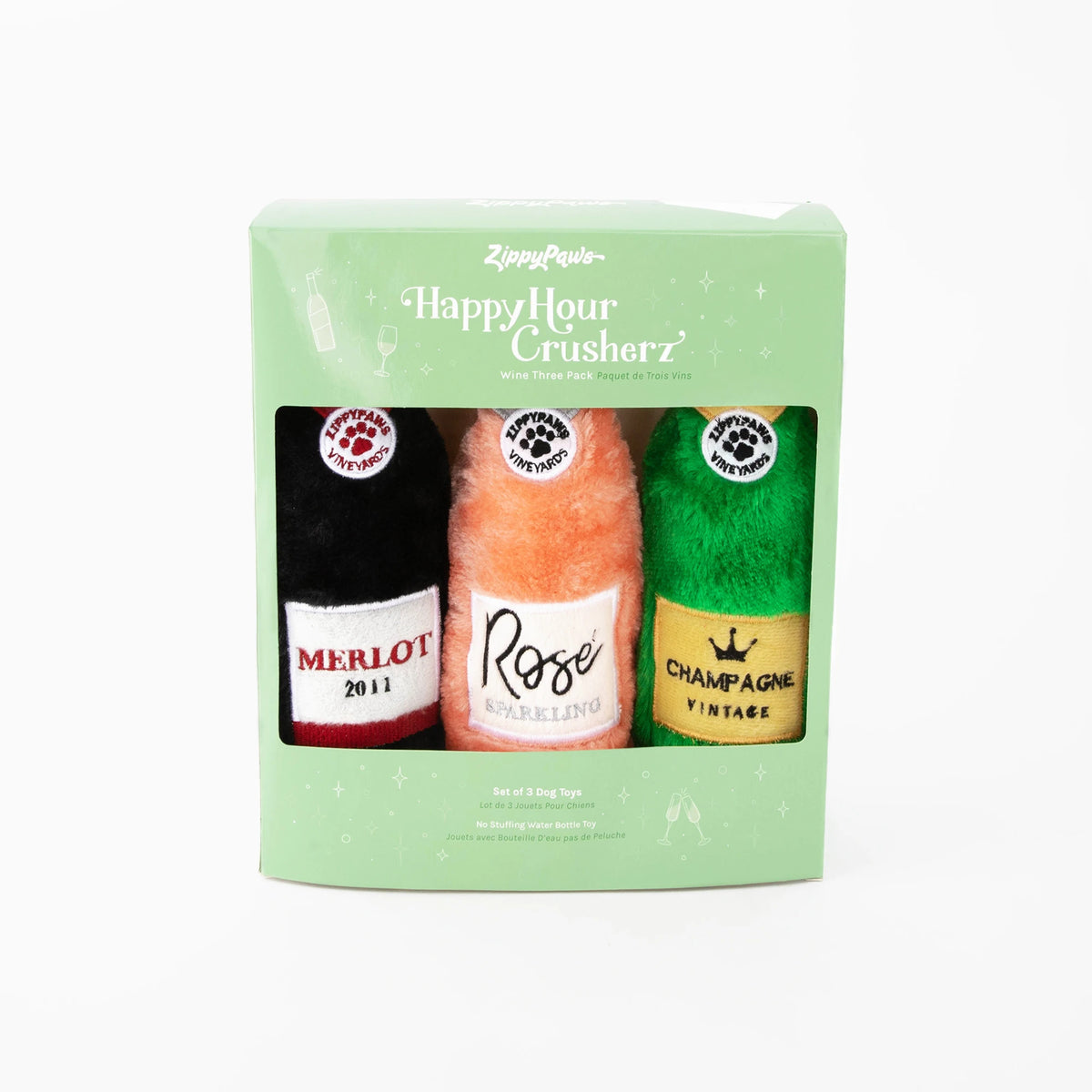 Zippy Paws Happy Hour Crusherz wine three-pack gift box with Merlot, Rose and Champagne toys
