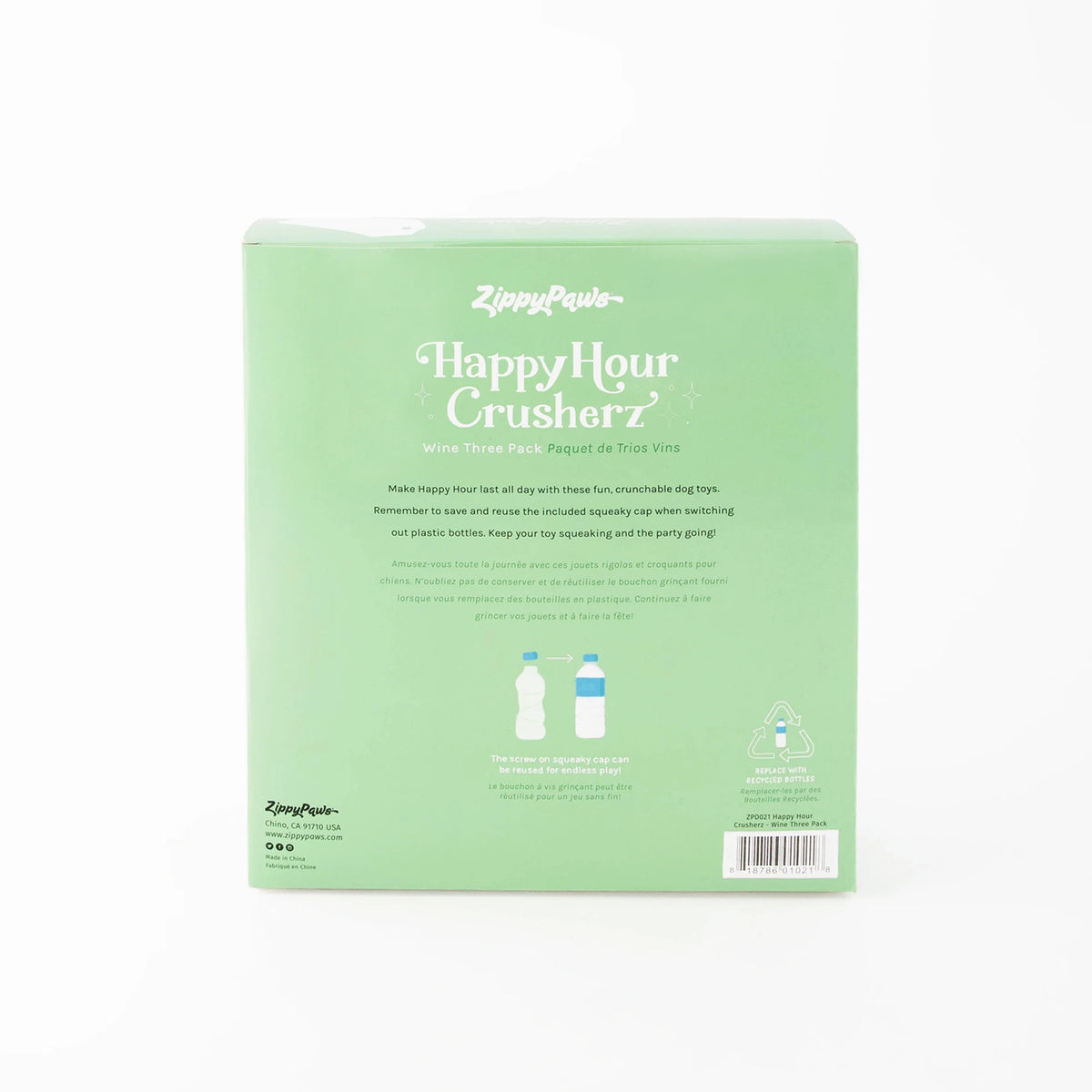 Back of the Zippy Paws Happy Hour Crusherz wine three-pack gift box