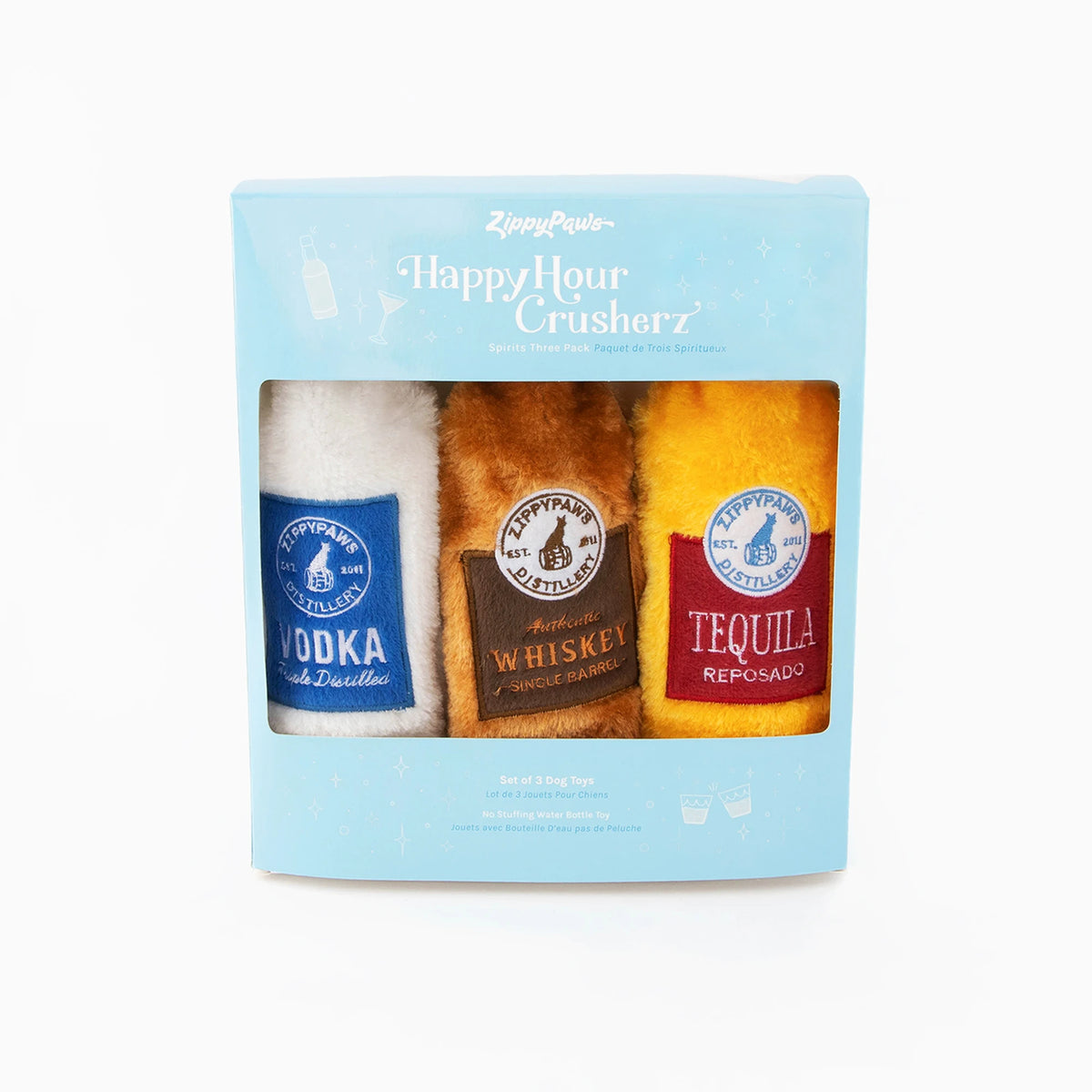 Zippy Paws Happy Hour Crusherz spirits three-pack gift box with vodka, whiskey and tequila toys